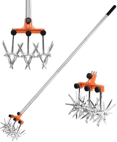 BARAYSTUS Rotary Cultivator Garden Rotary Tiller Adjustable Stainless Steel Poles Hand Tiller for Soil Mixing or Reseeding Grass Lawn Tiller Total Length 57 Inch.