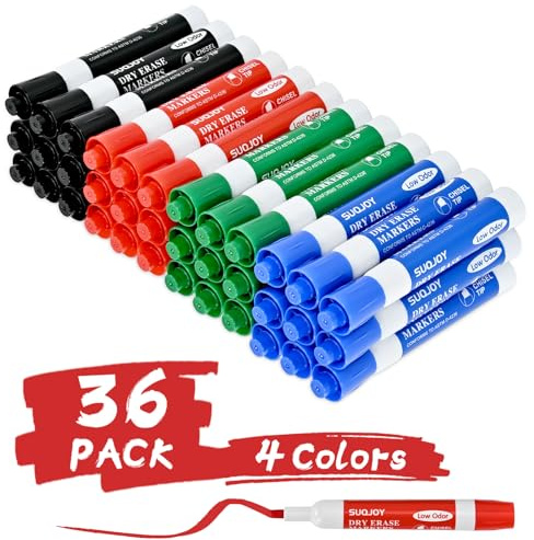 SUQJOY Dry Erase Markers, Chisel Tip Whiteboard Marker, Low Odor Thick Dry Markers, 36 Bulk 4 Assorted Color Markers for office