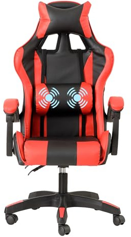 Baroni Home Sedia da Gaming Ergonomica con Massaggiatore Lombare, Sedia da Ufficio con Schienale Reclinabile con Cuscini Regolabili Poggiatesta e Supporto Schiena, Rosso