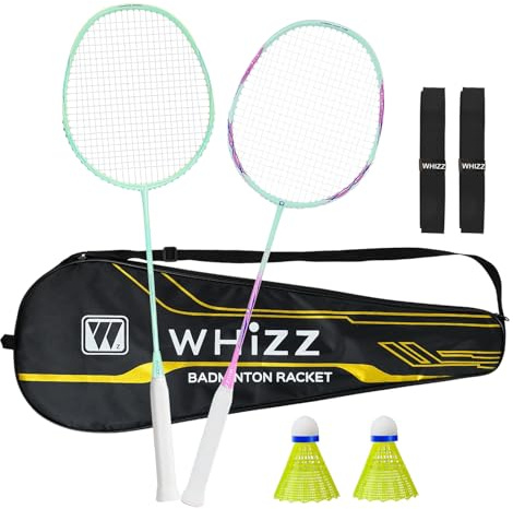 BAIHUALIN WHiZZ Carbon Graphite Badminton Racket, Lightweight Badminton Racquet for Training, Excercise, School Sports, Incl. Shuttlecock, Grip Tape & Carrying Bag, Green+Pink