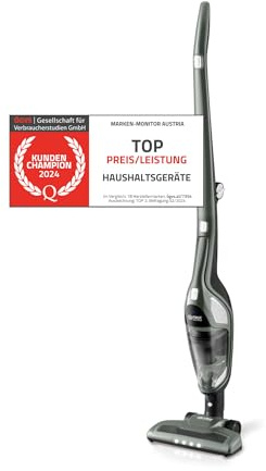 TZS First Austria 2in1 Stiel- und Handstaubsauger | bis zu 60 min Akkulaufzeit | Bodenbürste mit LED-Licht | Wandladestation | Beutellos | Kabellos | grau