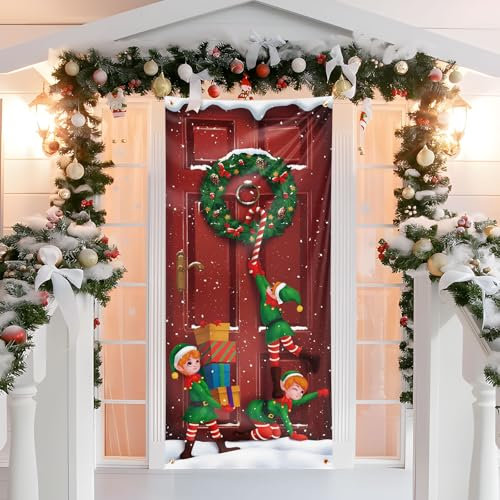 GEBETTER Decoración Navidad Puerta Cubierta + Cuerda 6m, Decoracion Navideña Entrada Exterior Interior Casa, Tela Cortina Decorativa Pancarta Cartel Telón Fondo Fotos 200x90 cm (Regalos Duendes)