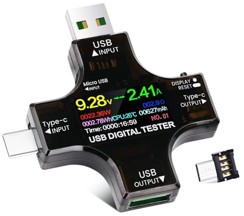 YEREADW Testeur USB Multimètre USB C 2 en 1, 3.6-32V 0-8.0A Meter de Courant et de Tension Voltmetre Amperemetre Capacité Alimentation Wattmètre Chargeur Détecteur avec adaptateur OTG