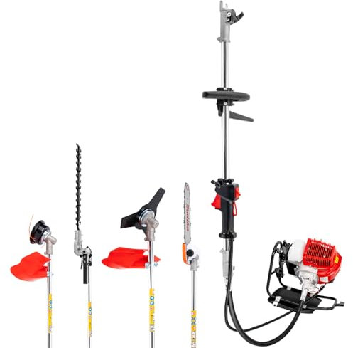 Cortasetos de gasolina 52 cc, 5 en 1, herramienta multifunción de jardín con barra telescópica (2,7 m), 8500 rpm y longitud de corte de 40 cm, multiherramienta 4 en 1 para setos/ramas/árboles