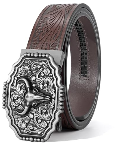 SANSTHS Ratchet Cowboy Belt, Western Ratcheting Belts for Men Ratchet Western Belt with Automatic Cowboy Buckle, Silvery Bull/Coffee