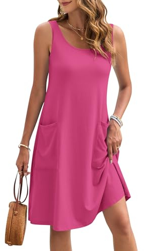 AUSELILY Vestito Estivo da Donna Senza Maniche Lunghezza al Ginocchio Casual da Spiaggia Leggero con Tasche Rosa L