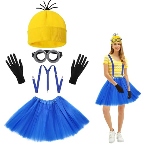 JunMallko Disfraz Minion, Accesorios de Disfraces Halloween Adultos, 3 Pcs Gafas Tirantes Espalda Gorro Tejido Amarillo Guantes Negros Tutú, Disfraz Hombre Mujer para Fiesta de Carnaval Cosplay