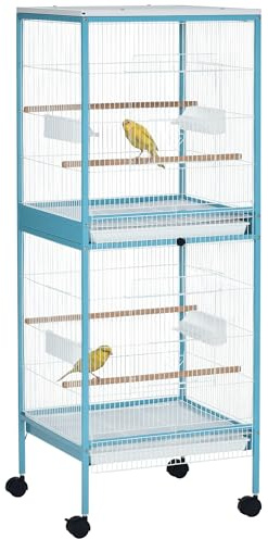 PawHut Jaula para Pájaros con Ruedas Jaula Grande de 2 Niveles Pajarera con Bandejas Extraíbles Puertas Comederos Perchas para Canarios Periquitos 51,5x50x140 cm Azul