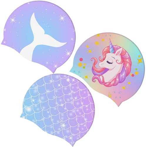 Tivcck 3 Pcs Kids Swim Caps, Silicone Swimming Cap for Kids,Waterproof Bathing Caps,Comfortable Swimming Hats for Boys Girls Toddler Long and Short Hair(Mermaid Unicorn Pattern)