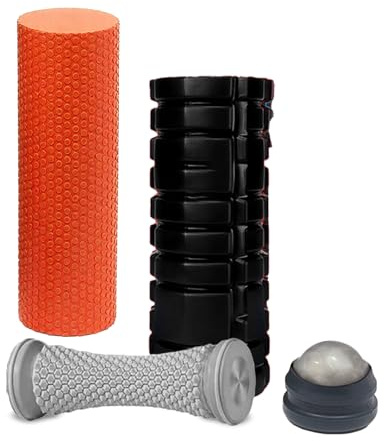 Foam Roller Set, 4 in 1 Massage Roller Combo, Solid Yoga Column, Foot Massage Ball, Handheld Roller Massager for Back, Foot, Leg, Neck, Sports Yoga and Muscle Relaxation