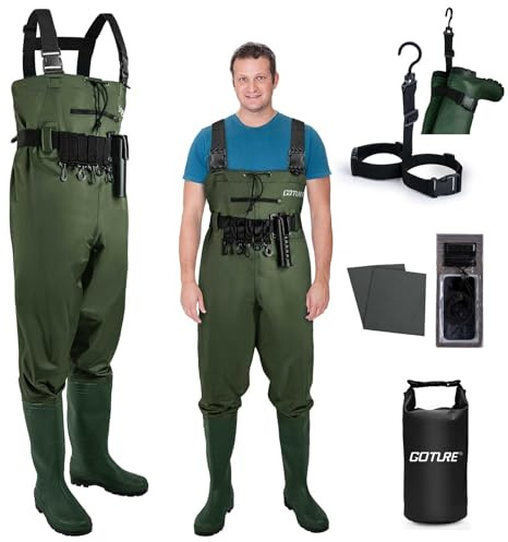 Goture Fishing Waders for Men Women, 70D Nylon/500 PVC Breathable Crosswater Wades with Belt, Hunting Chest Waders with Boots, Waterproof Pocket, Waterproof Cell Phone Pocket, Green UK6 / EU40