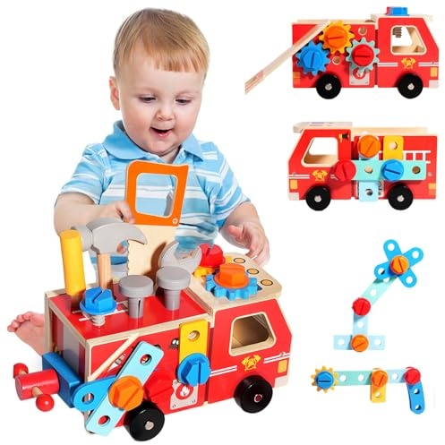 NewZC Malette Outils Enfant en Bois Camion de Pompier Montessori avec Jouet Bois Caisse a Outil - Jeux de Construction Voiture de 3 Ans pour Développe Motricité Fine 3-6 Ans Garcon Fille Cadeau