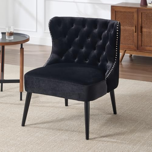 DAYALANE Poltrona da Salotto in Velluto Poltrona Imbottita con Schienale Alto Poltroncina Retrò con Gambe in Legno per Soggiorno/Camera da Letto/Lettura, Nero
