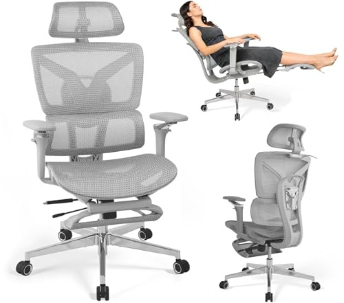 Rieior Ergonomischer Bürostuhl Große und Schwere mit Fußstütze, 5D Verstellbare Armlehnen, Lendenstütze, Netz-Rückenlehne, Verstellbare Sitztiefe, Drehbarer Gaming Stuhl Grau