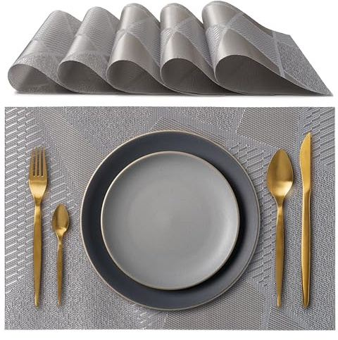 IPEA Manteles Individuales e Mesa Elegantes 45 x 30 cm para Cena, Almuerzo, Desayuno - 6 Unidades - Mantel Individual Lavable, Resistente Calor, Antideslizante, Antimanchas para Mesa de Cocina - Gris