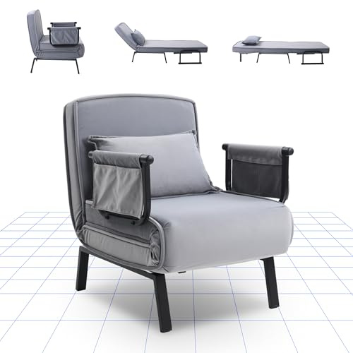 FLEXISPOT 3-in-1 Sofa Bed Chair, Adjustable Recliner Guest Bed, Folding Legs & Side Pocket, Space-Saving Sleeper Chair for Living Room, Bedroom and Office, Gray