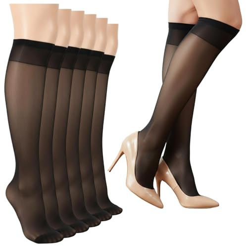 Gsbnjuy 12 Pairs Women's Sheer Knee High 15D Nylon Stockings Black One Size | with Reinforced Toe, with Comfort Top, Stretchy Breathable, Knee High Socks, Halloween
