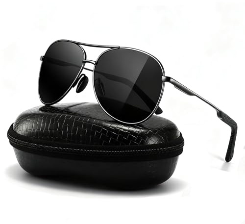 DXRPO Gafas de Sol Hombre Mujer Polarizadas Aviador, UV400 en Aleación Al-Mg Premium, Marco Metálico Vintage Outdoor, Negro/Gris