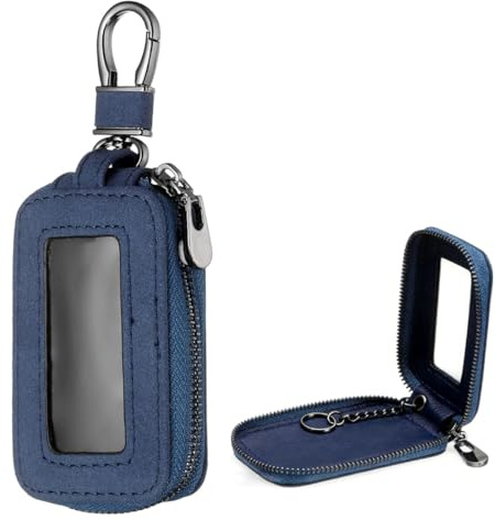 Custodia in Pelle per Chiave dell'auto, Portachiavi in Pelle, con Gancio in Metallo e Cerniera, con Finestra Trasparente, Blu (A)