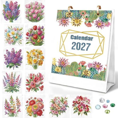 Calendrier de bureau 2027 à faire soi-même, peinture diamant 5D, motif floral, calendrier de table à rabat pour décoration de bureau et de maison-01-Flowers