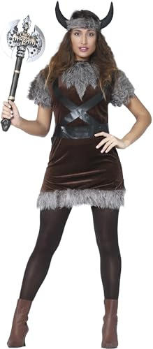 FIESTAS GUIRCA | Disfraz de Vikinga para Mujer (42-44/L) - Vestido, Cinta de Cabeza, Cinturón y Cuernos - Disfraces de Guerrera Nórdica para Halloween, Carnaval y Fiestas de Vikingos - Marrón y Gris