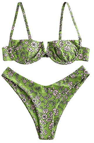 ZAFUL Bikini Set de Dos Piezas Floral Corte Alto Bikini con Arco & V Bañador para Mujer (Verde, S)