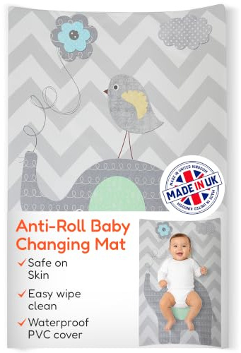 Babycurls Deluxe Anti-Roll PVC Wedge Nappy Baby Changing Mat with Curved Sides and Raised Edges for Babies from Birth Upwards Wipe Clean and Waterproof 69 x 45 x 8cm (Elephant Chevron – Grey)