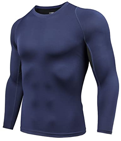 AMZSPORT Herr långärmad sport t-shirt med kompression baslager för gym löpning cykling golf, blå, XXL