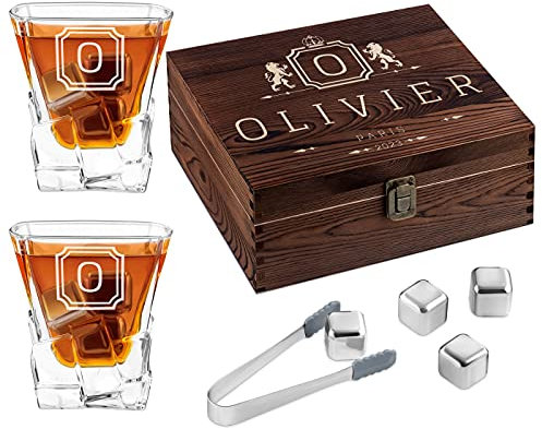 Maverton 8 Pierres à Refroidissement & 2 Verres Gravés 250 ML dans la Boîte Personnalisée en Bois - Cadeau Homme - Cadeau Anniversaire Homme - Cadeau Personnalisé pour Connaisseurs - Lions
