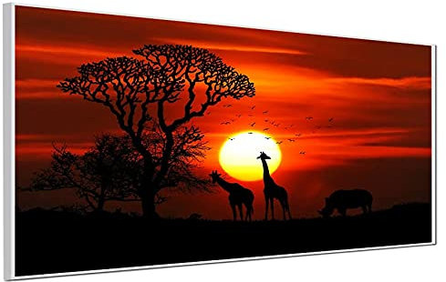 Ecowelle Infrarotheizung mit Bild | 600 Watt | 60x120 cm | Infrarot Heizung| | Made in Germany|Weiss aluminiumprofil| d 120 Afrikanischer Sonnenuntergang