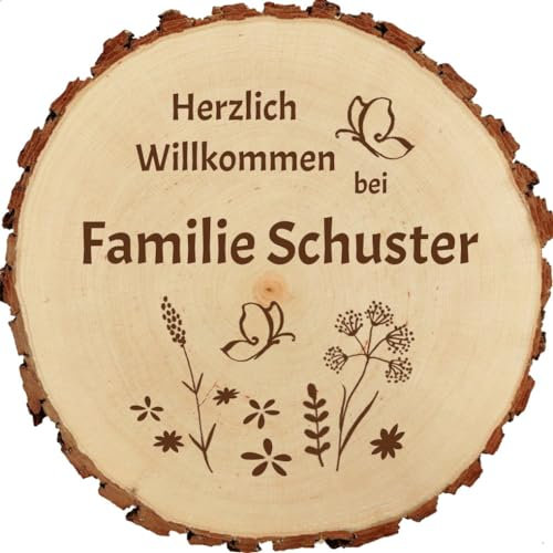 Sterngraf Baumscheibe 23cm personalisierte Holz-Scheibe Herzlich Willkommen, Namens-Schilder Garten-Dekoration Tür-Schilder, Geschenk-Idee zu Hauskauf, Richtfest, Einzug