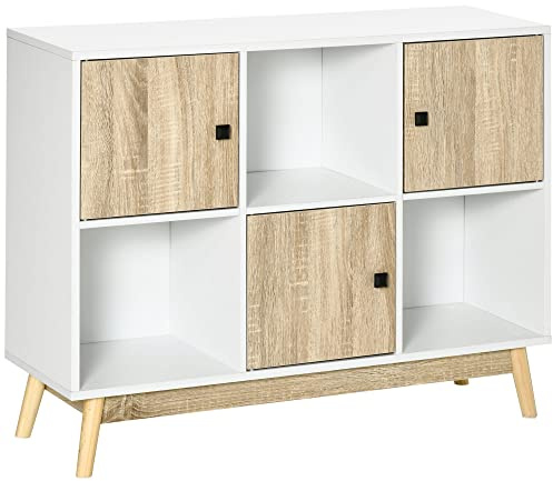HOMCOM Buffet Salon, Meuble de Rangement 9 Cubes avec 3 Portes et 3 Compartiments Ouverts, Pieds en Bois de Pin, Style Moderne, Buffet Salle à Manger, Cuisine, 96x30x75cm, Blanc et Naturel