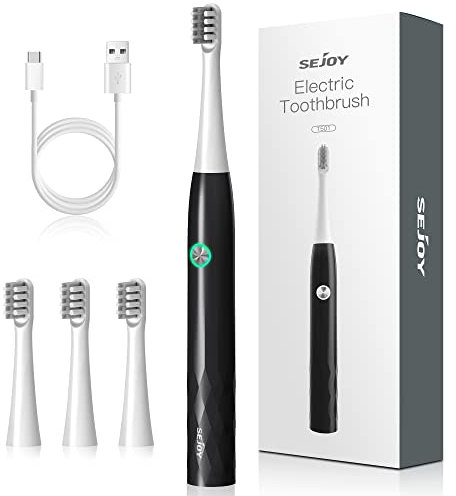 Sejoy Electric Toothbrush, Rechargeable Power Toothrush with 4 Brush Heads, 3 Modes and 2 Minutes Build in Smart Timer, Electric Toothbrush for Adults and Teens, Black