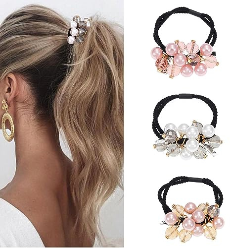 Yean Elastici per capelli con perle e perline di cristallo, accessori per capelli per donne e ragazze (confezione da 3) (B)