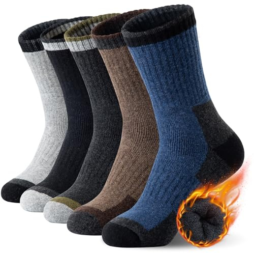 SIMIYA Merino Wool Hiking Socks for Men - 5 Pairs Thick, Warm, Thermal Winter Crew Socks for Cold Weather