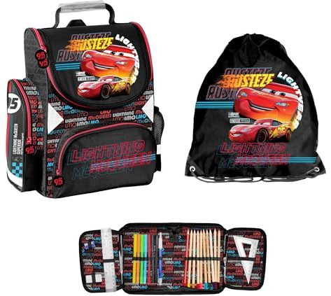 PASO 3-TEILIGES SCHULSET: Schulranzen + Turnbeutel + BEFÜLLTE FEDERMAPPE - Cars Rust-EZE