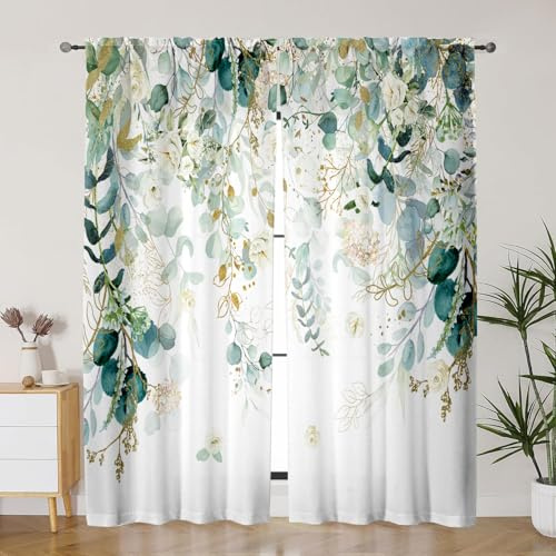 GOLDLAWN Gold Green Curtains 84 Inches Long Sage Green Leaves Light Filtering Curtain White Floral Drapes for Living Room Farmhouse Leaf Retro Elegant Window Curtains for Bedroom 2 Panels