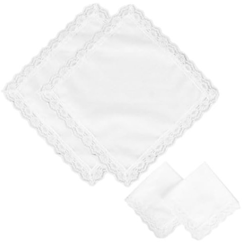 EORPAVU Taschentücher für Damen, 4 Stück, 25 x 25 cm, quadratisch, reinweiß, für Damen, mit Dekoration aus Spitze, Hochzeit, Braut, Basteln, Baumwollhandtücher, Taschentücher