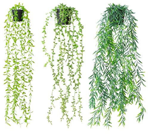 LoNinLoAn 3 Stück Künstliche Hängepflanze mit Töpfen, 68-88 cm Kunstpflanze Hängend, Künstliche Pflanzen Rebe Deko, Wartungsfreie Efeu für Indoor Outdoor Draußen Garten Deko