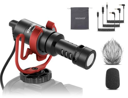 NEEWER Plug & Play Vlog Microphone, 20-20KHz Mini Supercardioid Mic with 3.5mm TRS, USB C OTG, Shock Mount, Windscreen Compatible with 16 15 14 Samsung S24 Android Tablet Mac Camera, VM10