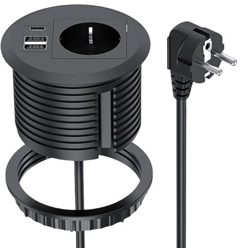 Inbyggt skrivbord uttag, inbyggt uttag med USB med 1 Schuko, 2 USB-port, 1 Type-C-kontakt, 1,7 m kabel grenuttag med USB för 80 mm bordshål bänkskiva kök, svart