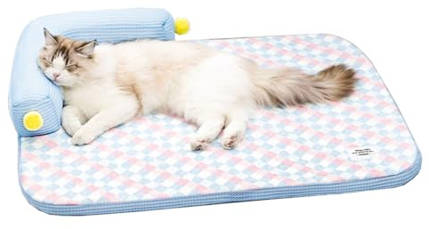 Lunale All-Season Ice Fabric Cat Bed with Cushioned Pillow/Play Ball/Washable Mat for Cats, Kittens & Small Pets (Blue, 21x15x4)