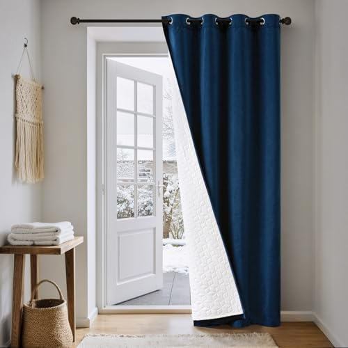 Bleu Rideaux Velours Double Epais avec Doublure Matelassée à Oeillets, Rideau Thermique Isolant Anti Froid et Chaleur pour Porte D'entrée Fenetre, Rideau Occultant Thermiques Phonique Epais 1 Pièces
