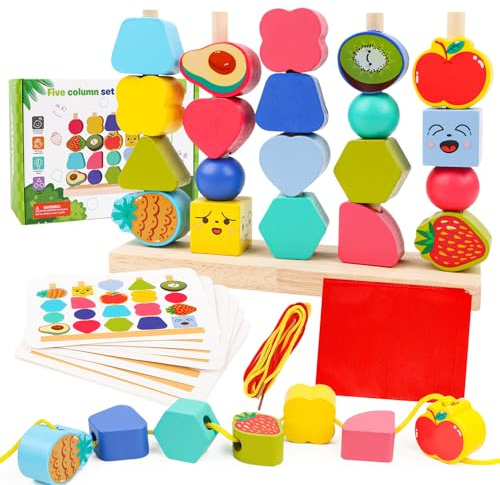 Yooyan Montessori Spielzeug ab 2 3 4 5 Jahre, Holzspielzeug mit Steckspiel Fädelspiel Bausteinen, Feinmotorik Sortierspiel Lernspiele mit Karten, Formen-Zuordnungsspielzeug für Baby Jungen Mädchen