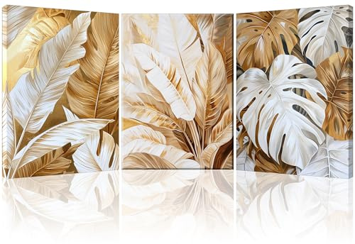 Piy Painting 3Pcs Cuadros Decoracion Salon Modernos, Blanco y Dorado Impresiones Sobre Lienzo, Golden Leaf Cuadro en lienzo, Gráfica Decoracion De Pared Dormitorio Cocina Oficina Comedor 57x40 cm