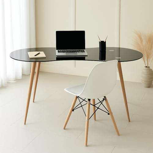 Tavolo da scrivania nero con piano in vetro temperato e gambe in acciaio effetto legno, 140 x 70 x 74 cm, design moderno ed elegante