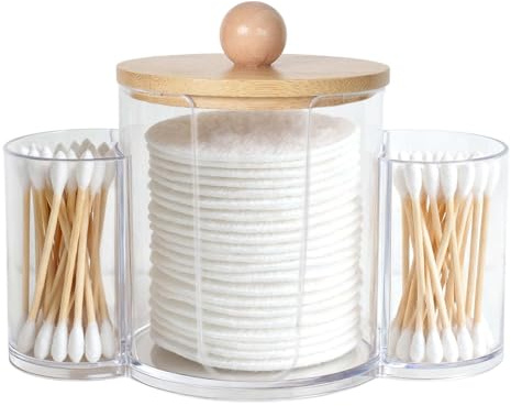 FooYee Rangement Coton Tige, Distributeur de Coton Tige, Boite Cotons-Tiges avec Couvercle en Bambou, pour Tampons de Coton Pics à Fil Dentaire, pour Coiffeuse Salle de Bain & Chambre(Transparent)