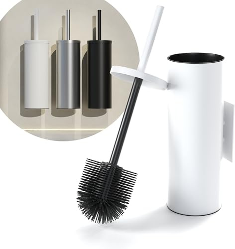 SAVEGA – Cepillo WC de Pared en Silicona Blanco – Escobilla sin Taladro con Soporte – Cepillo higiénico Flexible – Set Moderno para baño