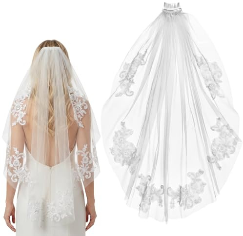 RAHHLIZS White Lace Bridal Veil with Comb, Rhinestone Short Veil Wedding Veil for Brides