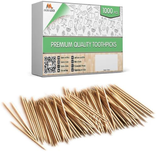 1000 Pcs Bamboo Toothpicks - Double Pointed Wooden Picks - for Personal Hygiene, Appetizer Skewers, Cocktail Sticks, Toothpick or Arts & Crafts - by Mobi Lock